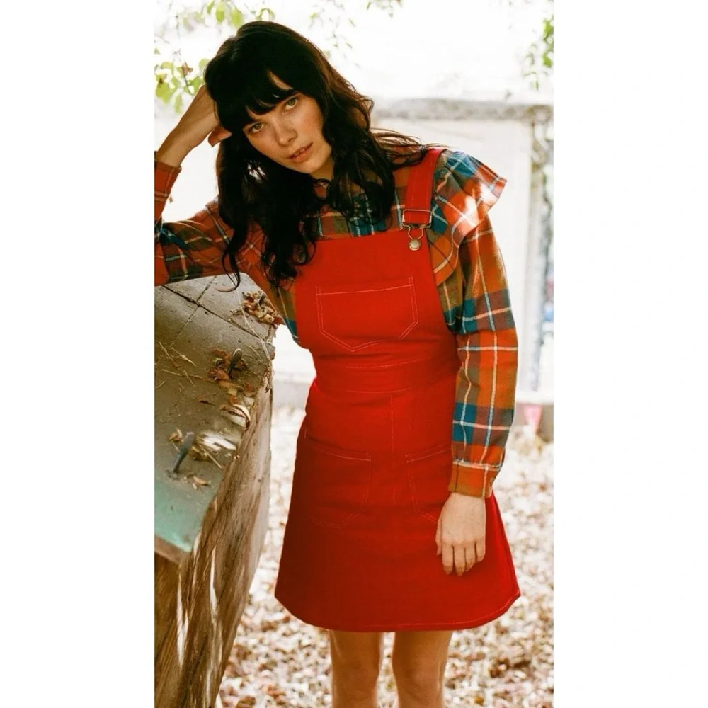 Lykke Wullf Anita Overall Mini Dress (Sz M) A-Line Patch Pocket Red Twill Cotton - Picture 1 of 16